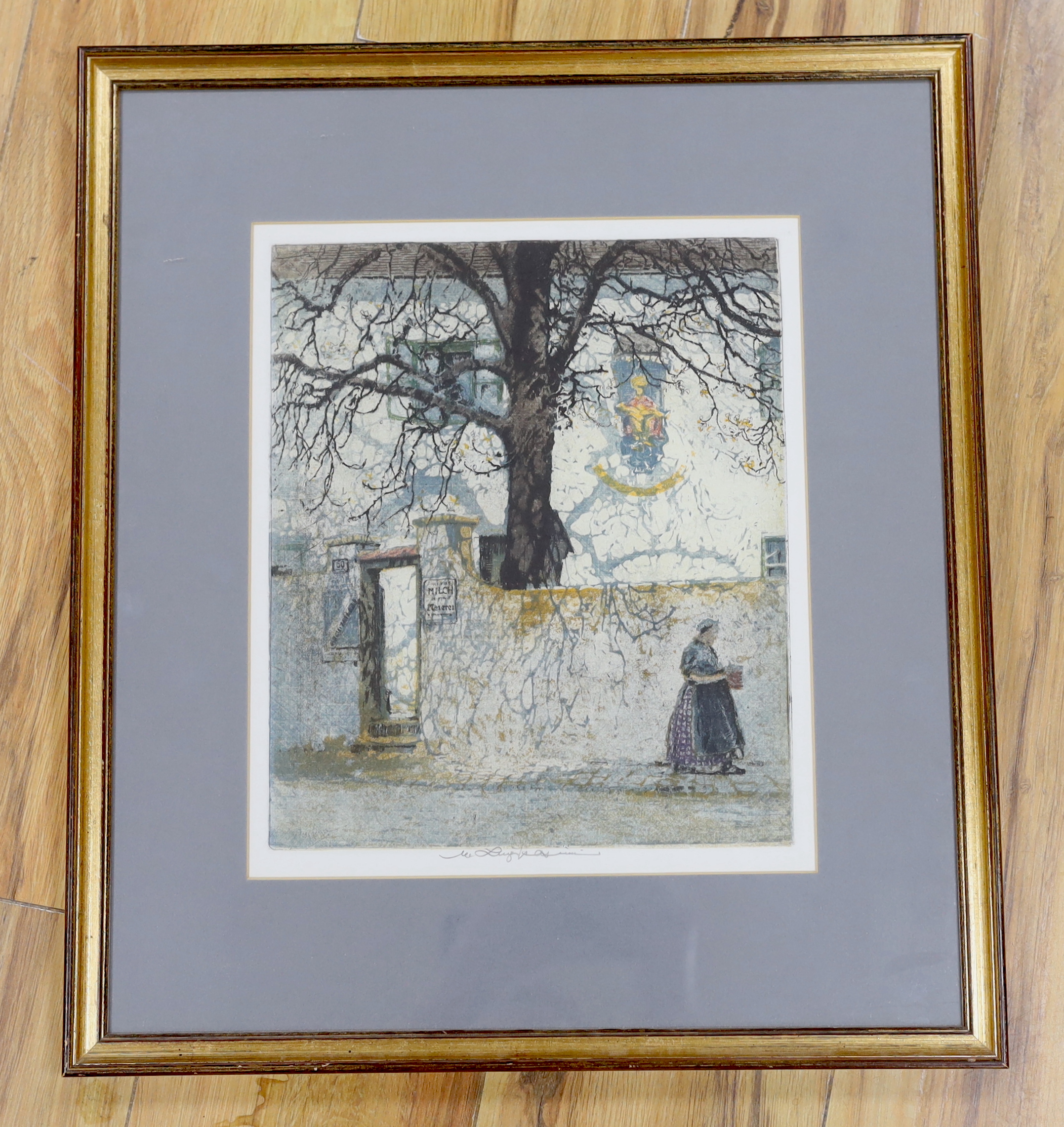 Luigi Kasimir (Austro-Hungarian, 1881-1962), colour etching, ‘Milkmaid, Vienna’, signed in pencil, 31 x 26cm